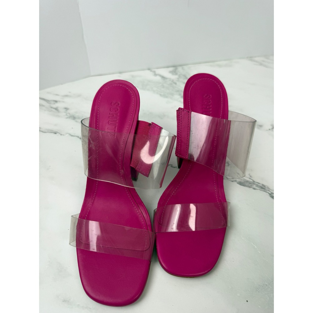 Schutz Victorie High Block Sandal Clear Straps Cow Leather Sz 7 Hot Pink - Picture 2 of 8